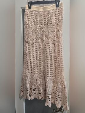 Catherine Malandrino Cream Crochet Bohemian Knit Maxi Mermaid Skirt, Lined,Small